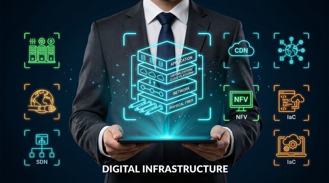 Businessman holding tablet with digital infrastructure icons and graphics on screen
