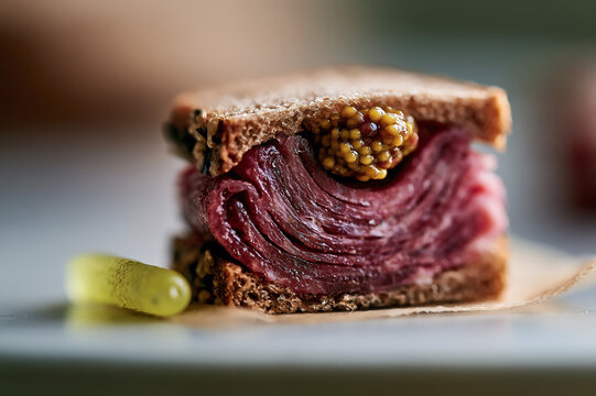 Miniature tilt shift pastrami sandwich on rye with microscopic mustard and tiny pickle spear