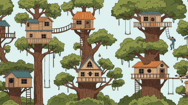 Charming treehouse village in a dense green forest with various wooden cabins connected by bridges and ladders.
