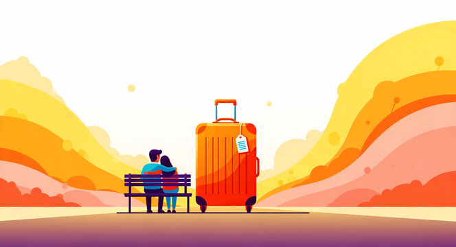 Couple sitting on a bench with an orange suitcase in a colorful landscape. Figures embrace from behind while waiting for a journey. Travel adventure concept, ideal for tourism and vacation ads.