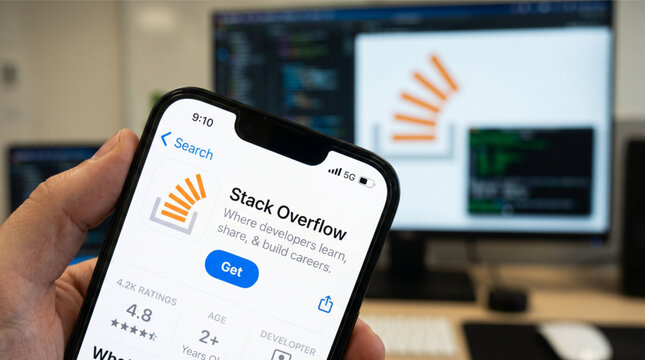 Closeup of a hand holding a smartphone displaying the Stack Overflow app store page with a computer monitor in the background showing programming code and developer community website logo interface.