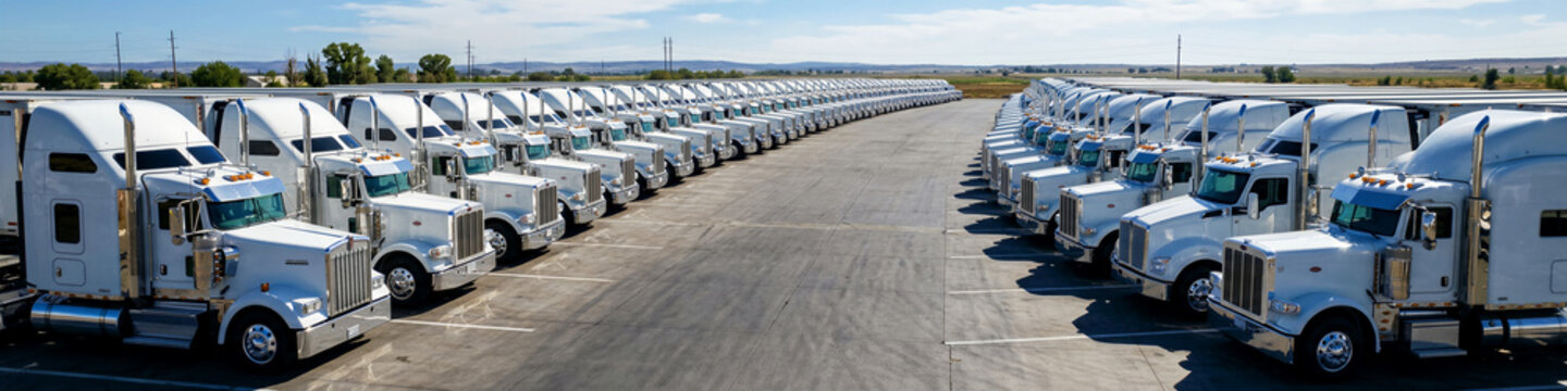 Large fleet of white semi-trucks parked in a vast outdoor distribution center. Rows of commercial tractor-trailers ready for freight hauling and logistics. Supply chain management industry concept.