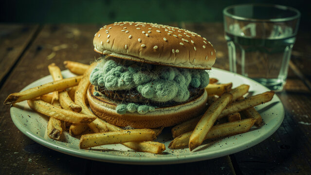 Moldy burger and fries on a plate on a rustic wooden table. Thick green mold covers the burger patty and sesame seed bun. Food spoilage concept illustrating health hazards and waste.