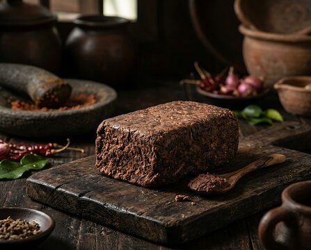 Traditional Block of Indonesian Fermented Shrimp Paste Terasi in Rustic Kitchen