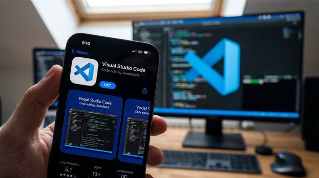 Closeup of a hand holding a smartphone displaying the Visual Studio Code app store page with a computer monitor in the background showing the same professional coding editor software for programming d