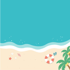 夏のバナー　海の背景イラスト　　夏素材　ビーチ、浮き輪、浜辺　ビーチサンダル、 © Karin