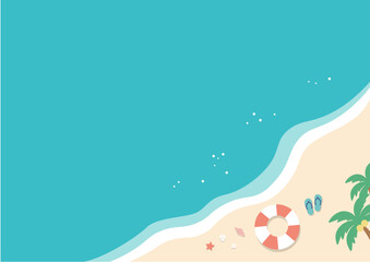 夏のバナー　海の背景イラスト　　夏素材　ビーチ、浮き輪、浜辺　ビーチサンダル、 © Karin