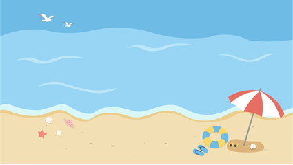 夏のバナー　海の背景イラスト　　夏素材　ビーチ、浮き輪、浜辺　ビーチサンダル、 © Karin