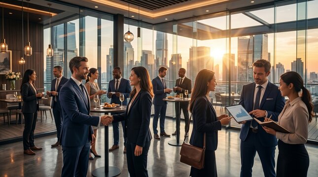 Professionals Engage in Strategic Networking and Collaboration at a High-Rise Business Event, Featuring a Modern Interior and a Captivating City Sunset View
