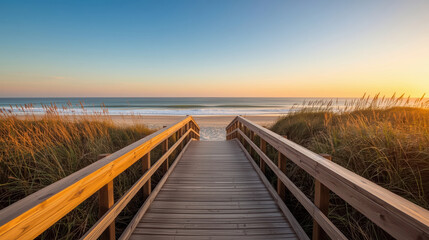 Fototapeta premium Scenic coastal boardwalk leading toward untouched sandy beach at sunrise with warm light