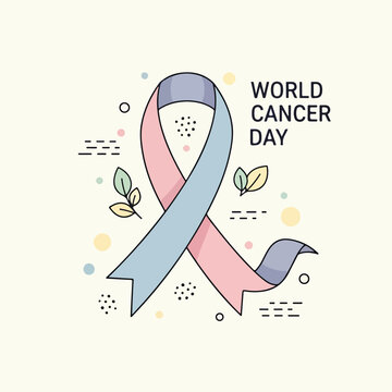 A pink and blue ribbon surrounded by leaves and dots