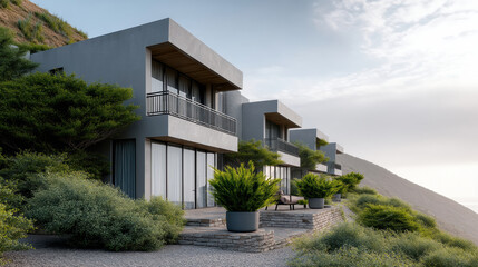 Fototapeta premium Modern villa coastal architecture hillside balcony ocean view glass window concrete landscape with terraced garden at dawn
