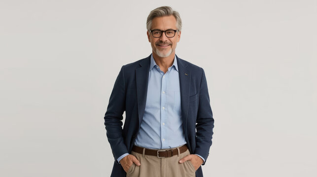 Smiling senior man in smart casual blazer and shirt, confident relaxed pose
