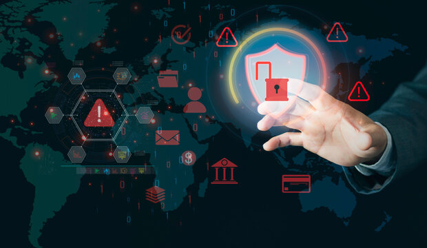 Businessman interacting with a digital interface showing security vulnerability, unlocked padlock, and warning signs on world map. Concept of cyber threat, data leakage, and hacking attack.