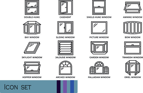 Print Architectural Window Types Black Line Icons - Minimalist Vector Set for Property Remodeling House Plan Blueprints Construction Elevation and Interior Architecture Framing