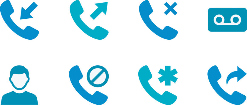Set of blue communication showing incoming and outgoing calls, missed calls, voicemail, user profile, blocked call, and star call symbol