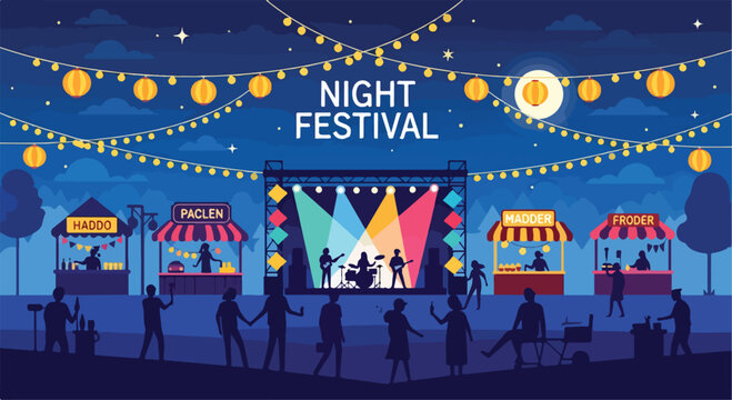 A vibrant night festival scene with stage and food stalls