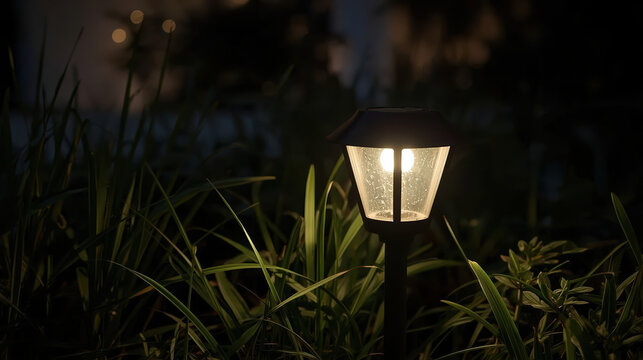 Solar garden light glowing at dusk with surrounding green foliage and soft mood