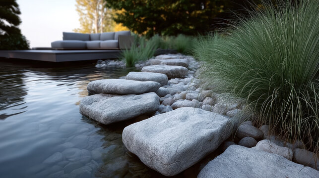 Garden water stone path pond grass deck outdoor landscape smooth stepping stone beside calm pond water, deck seating, serene backyard design