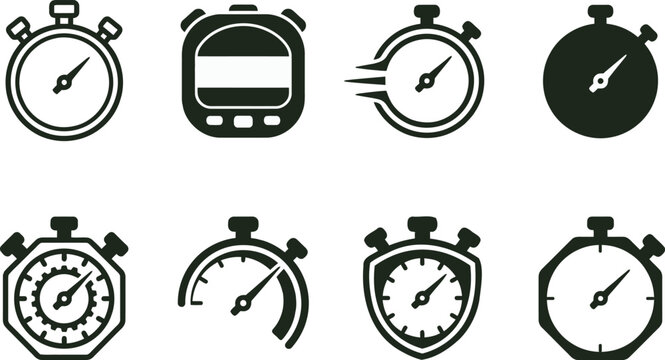 Set of stopwatch and timer in solid black style featuring various shapes and motion effects for sports and time tracking user interfaces