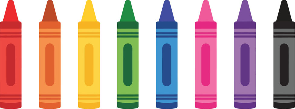 colorful crayons arranged in a row flat vector illustration on white background, rainbow drawing crayon set for kids education, art class activities, creative learning materials, vibrant stationery ve