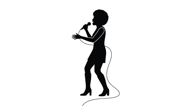 Black silhouette vector illustration of a retro female singer performing with a vintage wired microphone