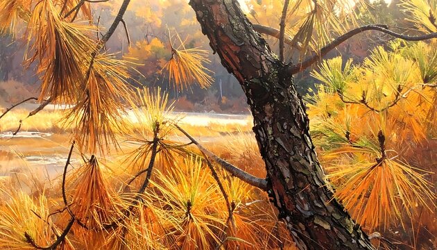 A serene landscape with a pine tree in autumn