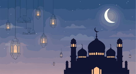 A serene mosque under a crescent moon with lanterns © Tolhah