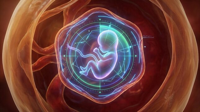 Fetus in womb with futuristic holographic interface and medical scan, representing science, development, and technology