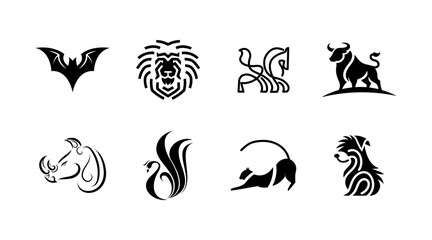 Set of minimalist animal logos, stylized black silhouettes of wild and domestic animals © AchmadFadhil