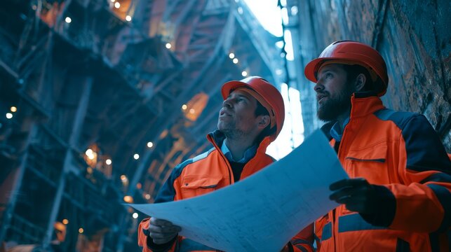 Shipyard Workers Examining Technical Drawings Beside Massive Ship Hull