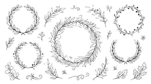 Hand drawn botanical wreaths and floral laurel set, rustic sketch leaf frames vector, elegant black ink foliage borders for wedding invitations