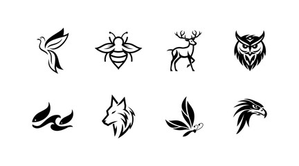 Fototapeta premium Set of animal and insect logos, minimalist black and white vector icons of bird, bee, deer, owl, fish, wolf, butterfly and eagle