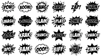 Obraz premium Vector set of comic speech bubbles silhouette with onomatopoeia sound effects. Retro cartoon explosion design elements for graphic design