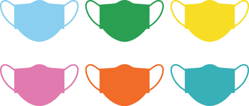 colorful medical face masks arranged in two rows on a white background, healthcare protection equipment collection, surgical mask assortment, hygiene and safety graphics, modern flat vector illustrati