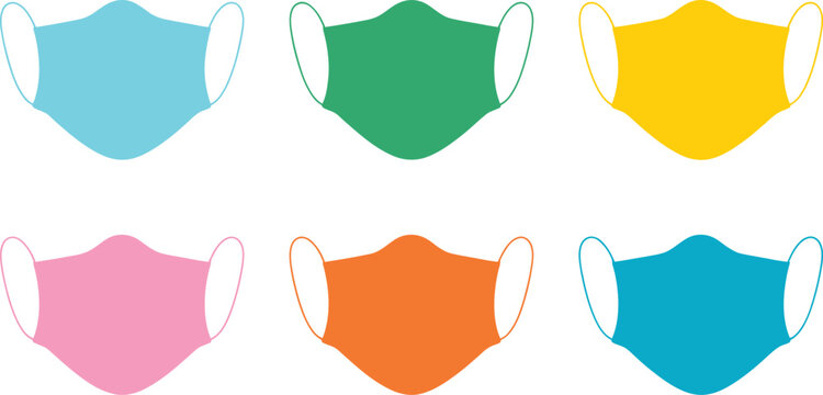colorful medical face masks arranged in two rows on a white background, personal protective equipment set for healthcare, sanitation awareness graphics, infection prevention symbols, professional vect