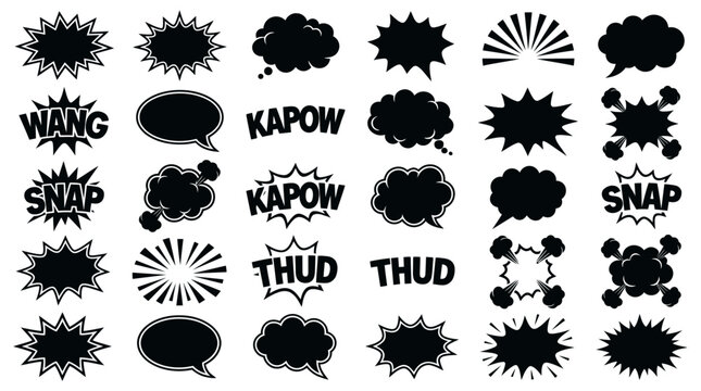 Dynamic comic book sound and speech bubble silhouette vector collection for graphic design, featuring various explosive effects and expressive dialogue frames