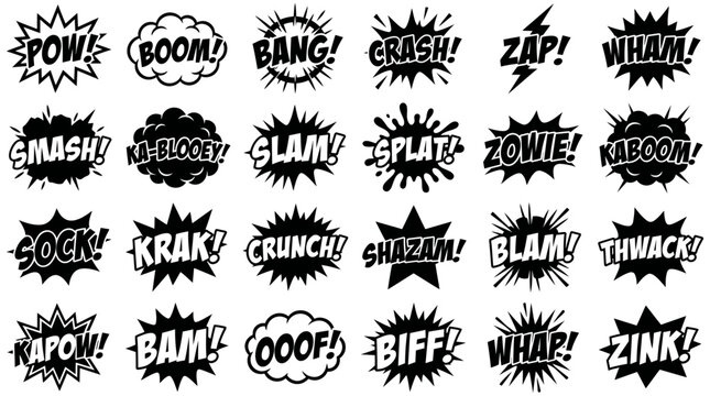Vector set of comic speech bubbles silhouette with onomatopoeia sound effects. Retro cartoon explosion design elements for graphic design