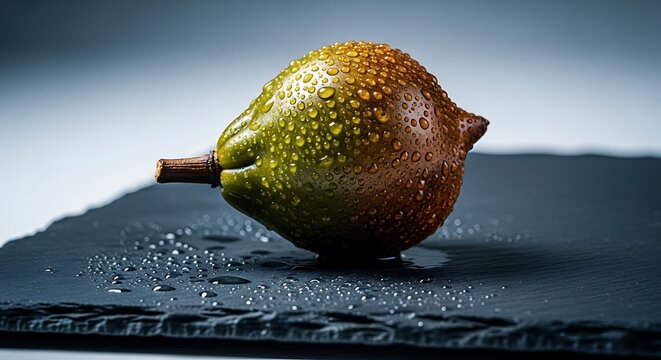 Fresh green and brown borojo fruit covered in water droplets resting on a wet dark slate surface in a professional studio setting.
