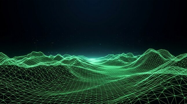 Abstract digital landscape of glowing green wireframe mountains and valleys in deep space