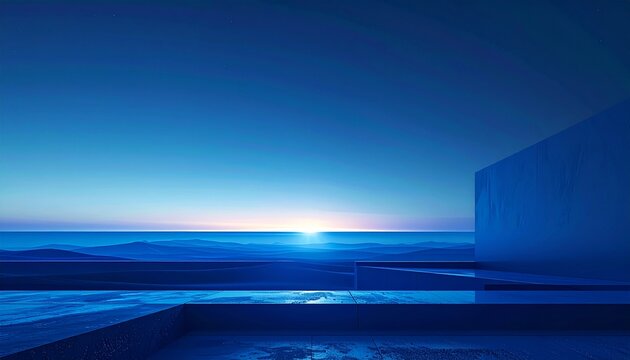 Deep blue horizon glow, minimalist sunrise-inspired abstraction, spacious executive layout background