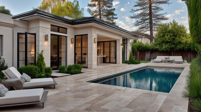 Luxury residential backyard pool modern villa patio landscape with stone tile terrace, glass door, lounge chair, serene evening light
