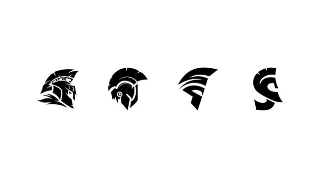 Set of spartan helmet icons, warrior head silhouettes, ancient greek gladiator armor symbols