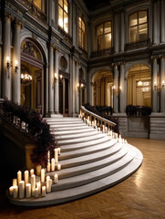 Naklejka premium Candlelit grand staircase palace interior ornate architecture chandelier, marble step glow by column and arch in evening hall