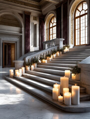 Naklejka premium Candlelit grand staircase marble palace interior window sunlight, elegant hall with arch and column, warm candle glow along steps