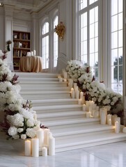 Naklejka premium Candlelit grand staircase wedding decor flower candle luxury interior, white marble steps lined with floral arrangement beside tall window, soft