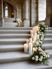 Fototapeta premium Candle staircase marble candlelight floral arrangement wedding ceremony elegant decor on stone steps, grand hall, warm glow