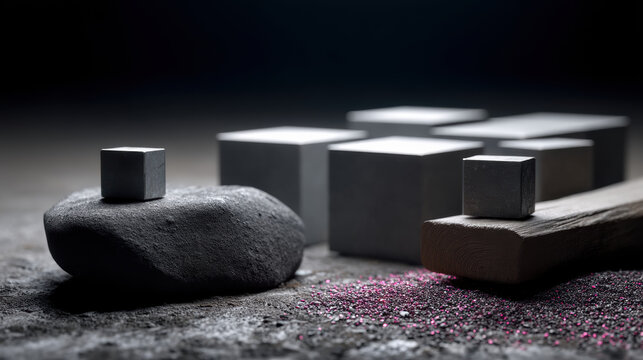 Metal cube stone wooden block dust glitter still life minimal abstract, studio lighting over textured surface, calm modern composition