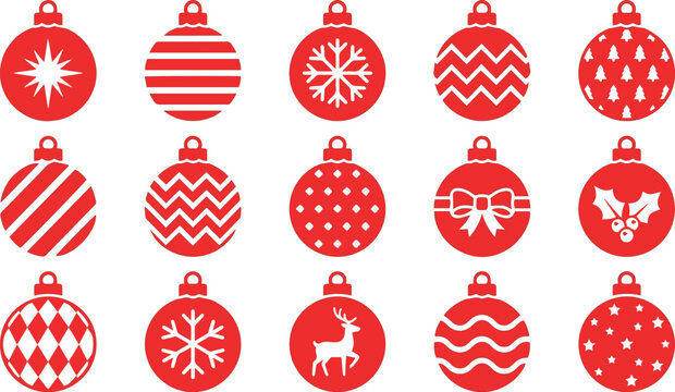 Christmas baubles decorated with red and white festive symbols are displayed in a neat collection.