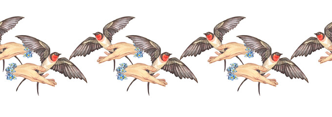 Obraz premium Watercolor seamless border with flying swallow in hand with flower forget-me-not on white background. Spring and summer bird for wedding celebration invite. Sticker or sketchbook. Wallpaper wrapping